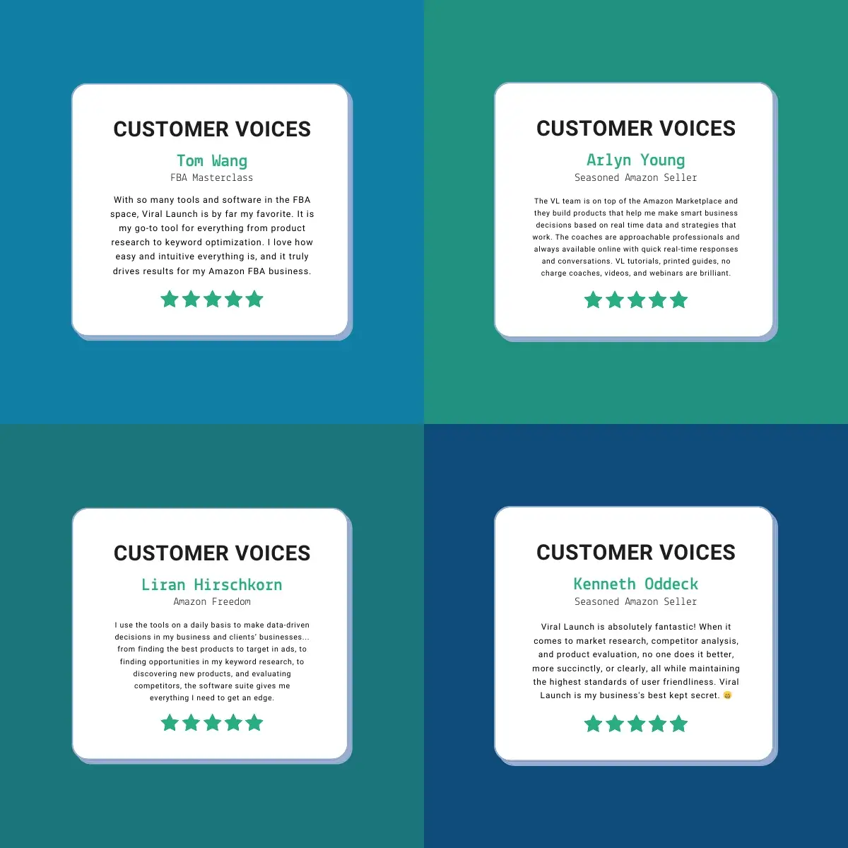 Graphic displaying multiple customer reviews that talk about loving Viral Launch's suite of seller tools.