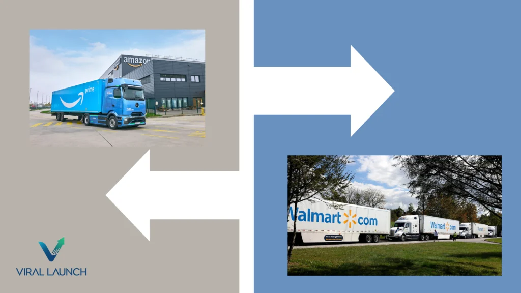A graphic showing Walmart and Amazon shipping trucks.