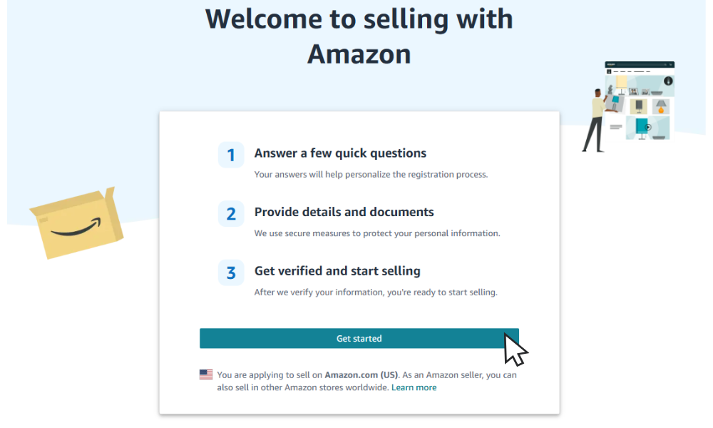 A graphic highlighting where to click get started selling on Amazon.