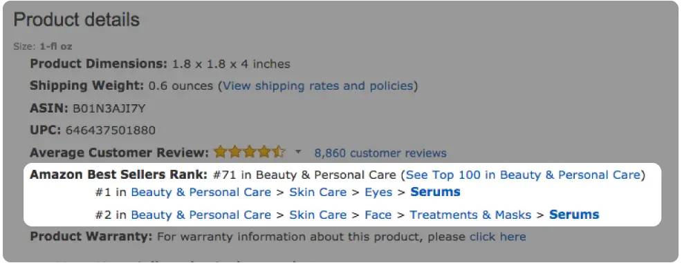 Amazon best seller rank shown under an Amazon product listing
